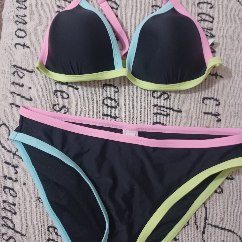 Stylish Black Bikini with Pink and Green Accents